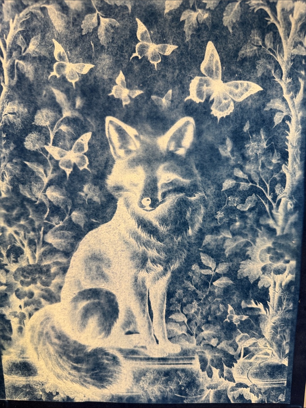 Fox in the Wildflower Garden – Original Cyanotype Art